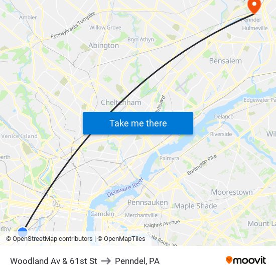 Woodland Av & 61st St to Penndel, PA map