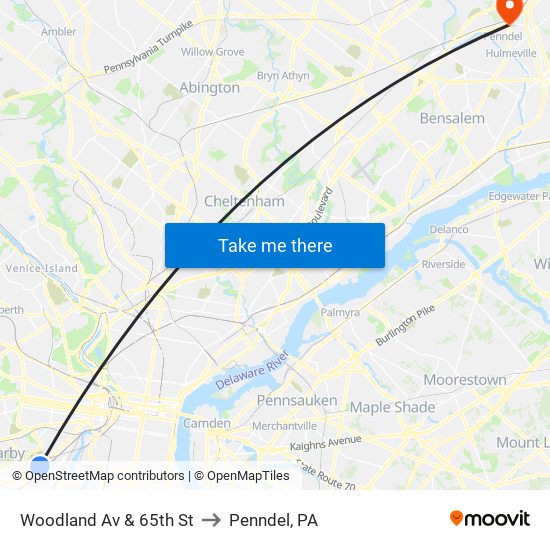Woodland Av & 65th St to Penndel, PA map