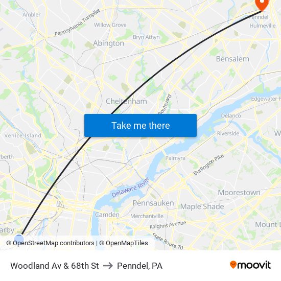 Woodland Av & 68th St to Penndel, PA map