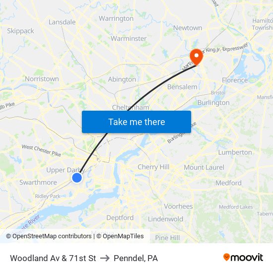 Woodland Av & 71st St to Penndel, PA map