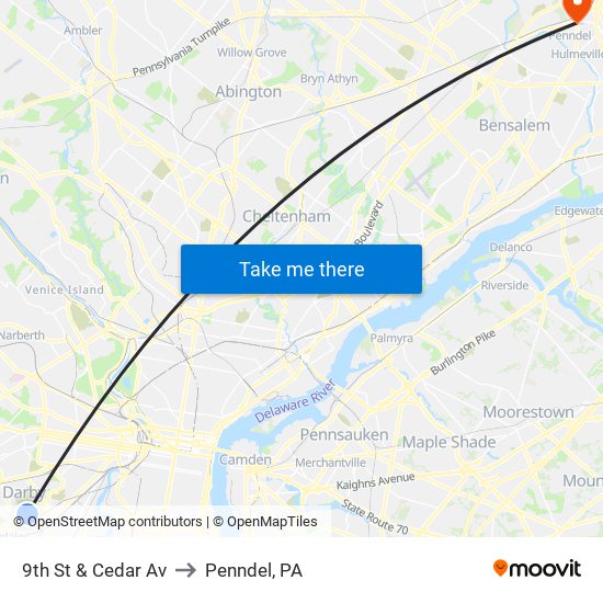 9th St & Cedar Av to Penndel, PA map