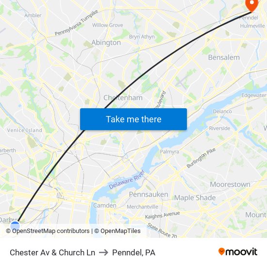 Chester Av & Church Ln to Penndel, PA map