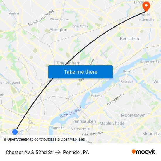 Chester Av & 52nd St to Penndel, PA map