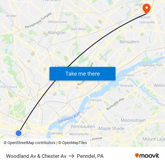 Woodland Av & Chester Av to Penndel, PA map