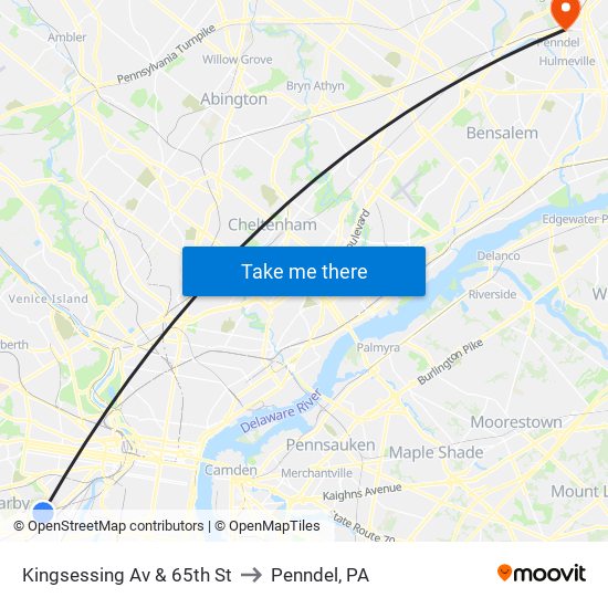 Kingsessing Av & 65th St to Penndel, PA map