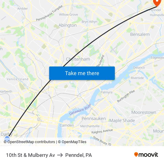 10th St & Mulberry Av to Penndel, PA map
