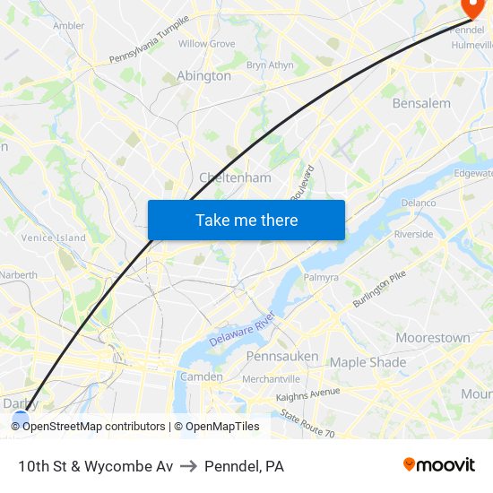 10th St & Wycombe Av to Penndel, PA map