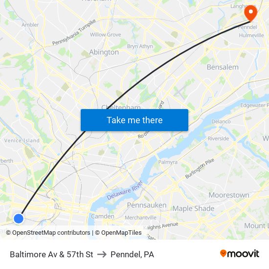 Baltimore Av & 57th St to Penndel, PA map