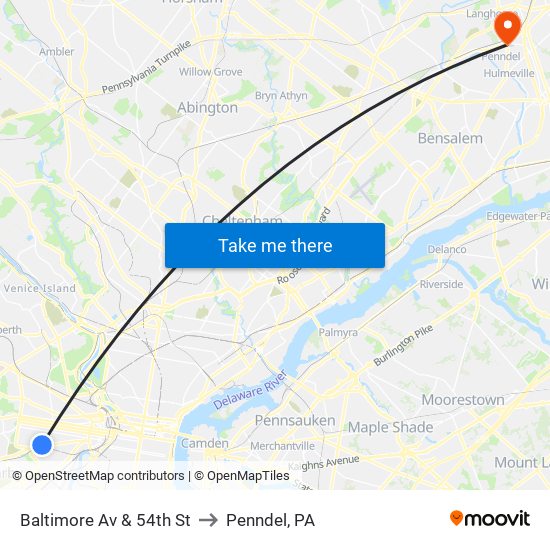 Baltimore Av & 54th St to Penndel, PA map
