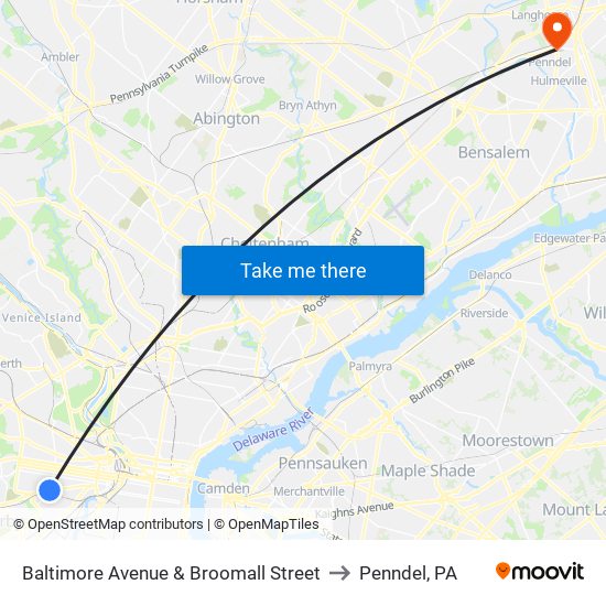 Baltimore Avenue & Broomall Street to Penndel, PA map