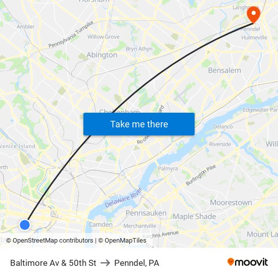 Baltimore Av & 50th St to Penndel, PA map