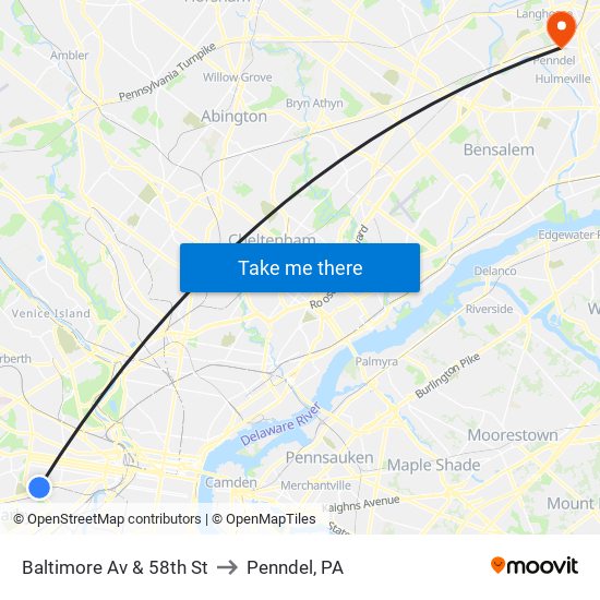 Baltimore Av & 58th St to Penndel, PA map