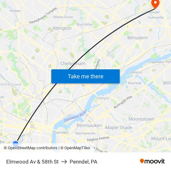 Elmwood Av & 58th St to Penndel, PA map
