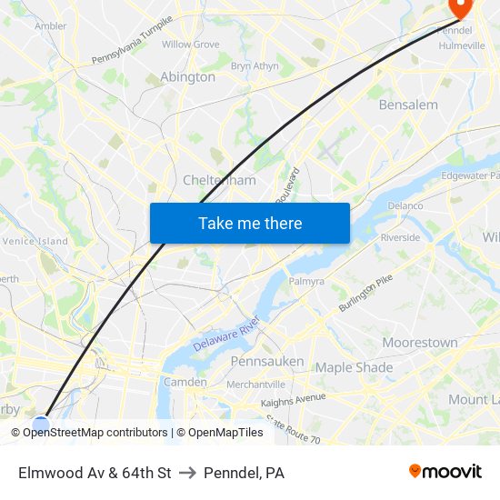 Elmwood Av & 64th St to Penndel, PA map