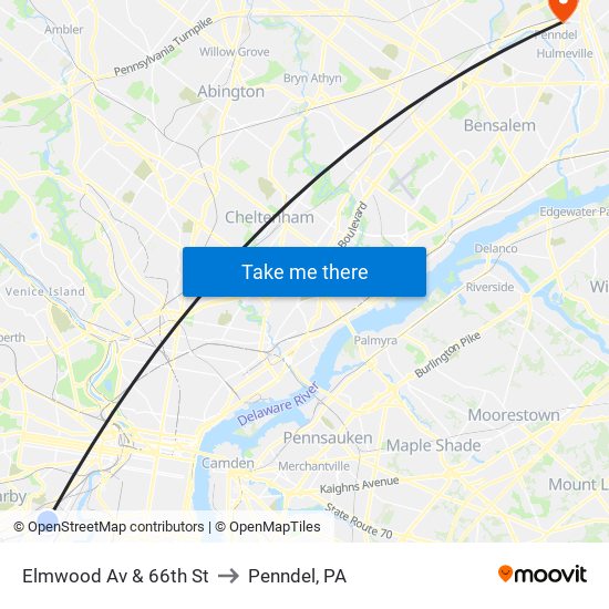 Elmwood Av & 66th St to Penndel, PA map