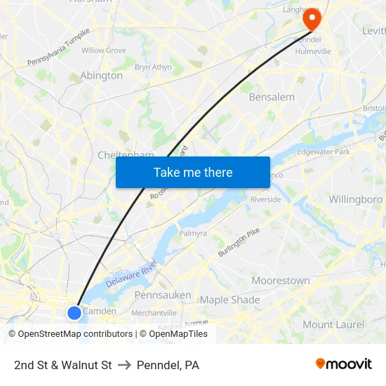 2nd St & Walnut St to Penndel, PA map