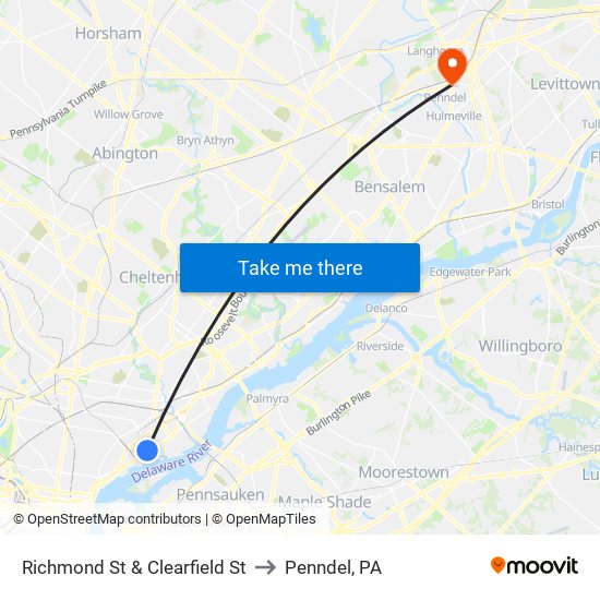 Richmond St & Clearfield St to Penndel, PA map