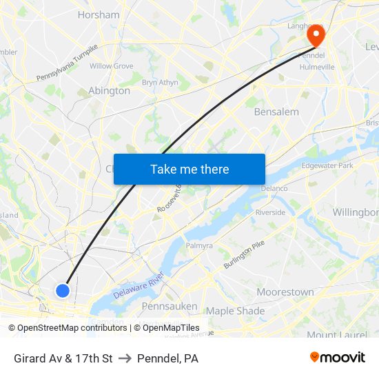 Girard Av & 17th St to Penndel, PA map