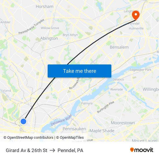 Girard Av & 26th St to Penndel, PA map