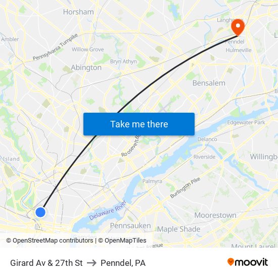 Girard Av & 27th St to Penndel, PA map
