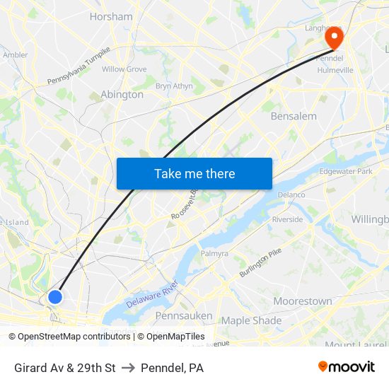 Girard Av & 29th St to Penndel, PA map