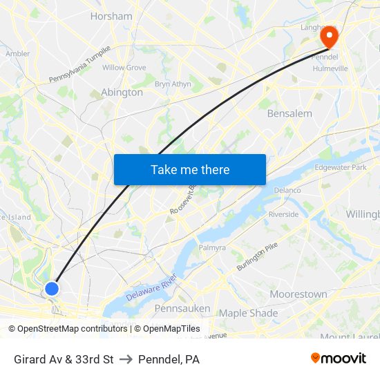 Girard Av & 33rd St to Penndel, PA map