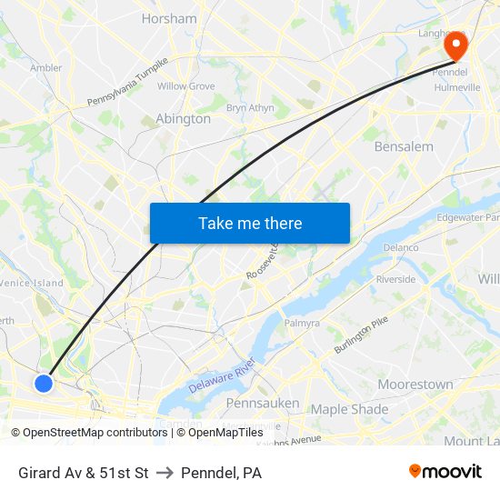 Girard Av & 51st St to Penndel, PA map