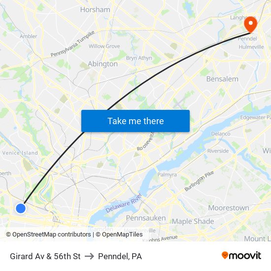 Girard Av & 56th St to Penndel, PA map