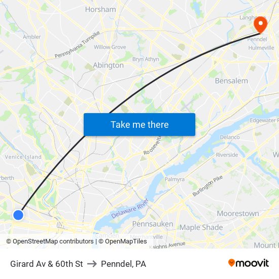 Girard Av & 60th St to Penndel, PA map