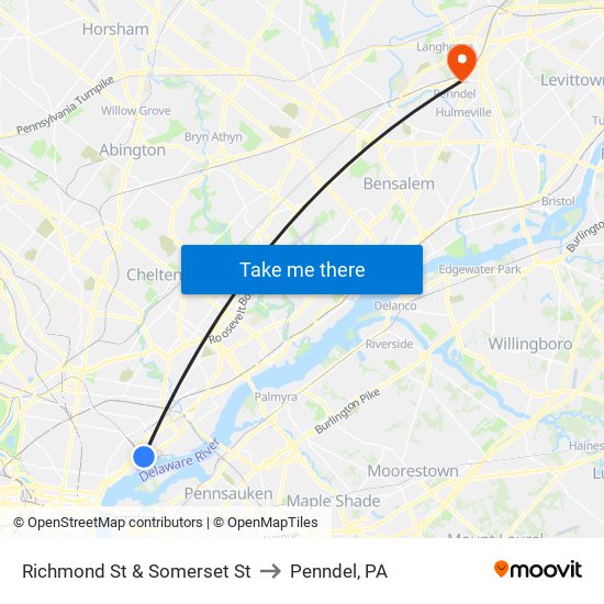 Richmond St & Somerset St to Penndel, PA map