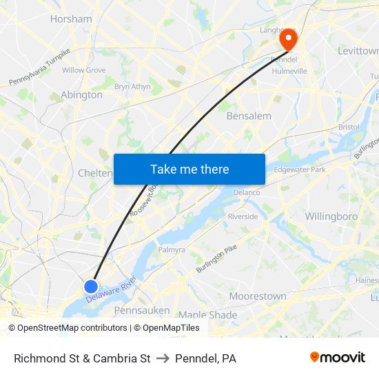 Richmond St & Cambria St to Penndel, PA map