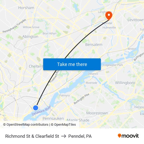 Richmond St & Clearfield St to Penndel, PA map