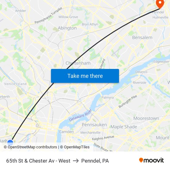 65th St & Chester Av - West to Penndel, PA map