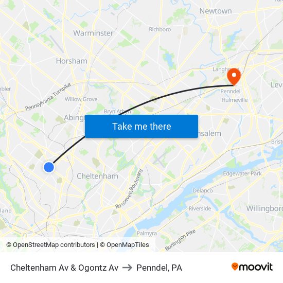 Cheltenham Av & Ogontz Av to Penndel, PA map