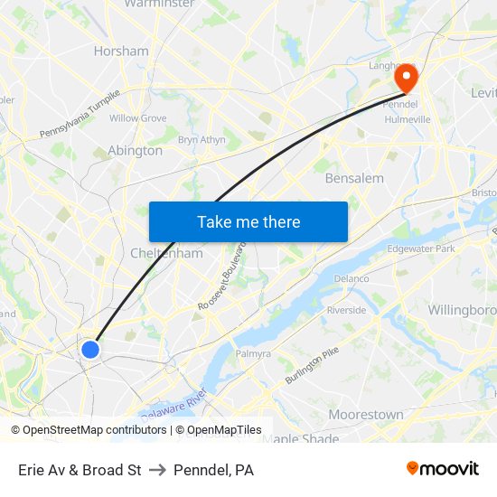 Erie Av & Broad St to Penndel, PA map