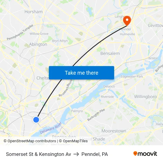 Somerset St & Kensington Av to Penndel, PA map