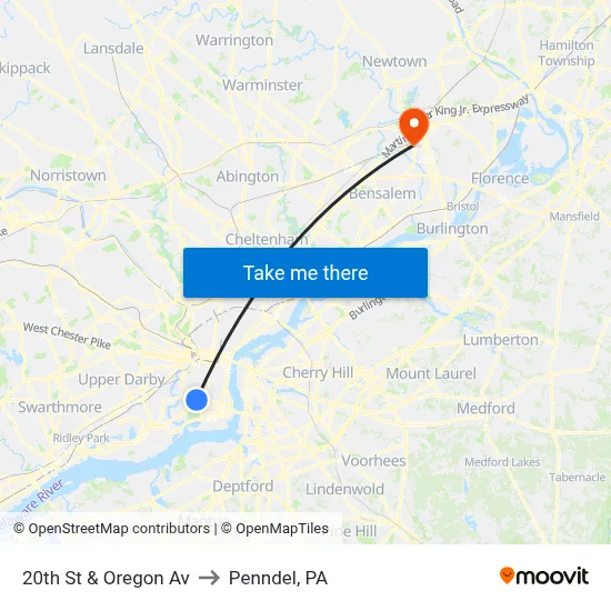 20th St & Oregon Av to Penndel, PA map
