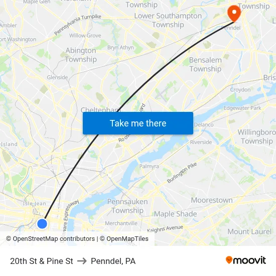 20th St & Pine St to Penndel, PA map