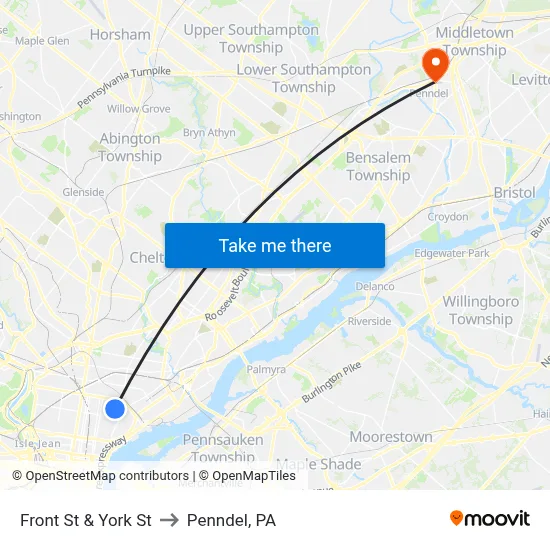 Front St & York St to Penndel, PA map