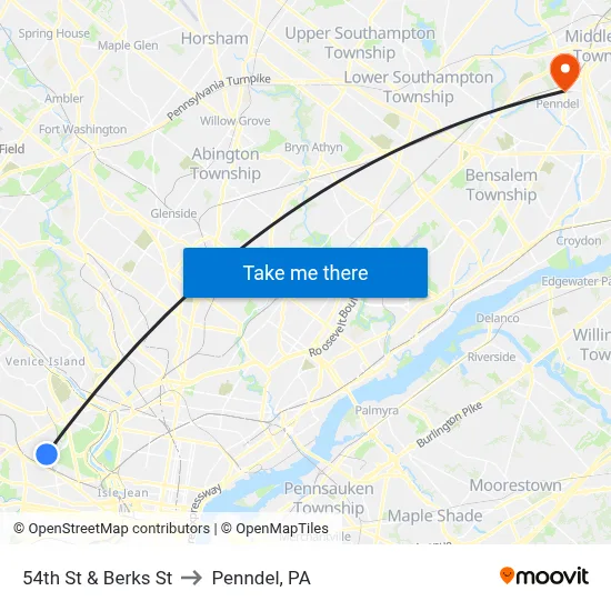 54th St & Berks St to Penndel, PA map