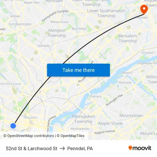 52nd St & Larchwood St to Penndel, PA map