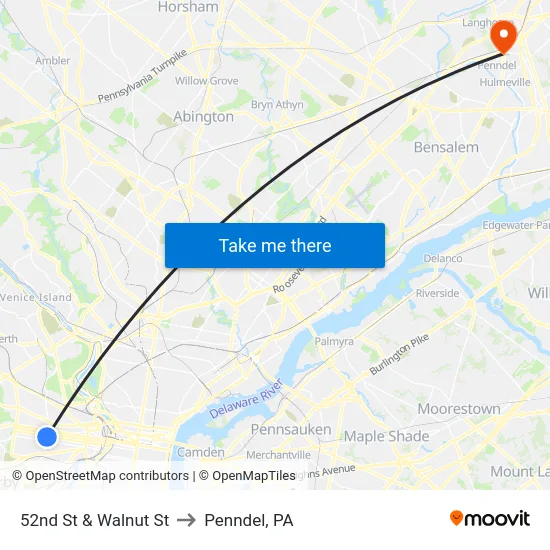 52nd St & Walnut St to Penndel, PA map