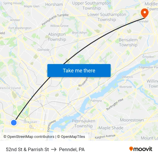 52nd St & Parrish St to Penndel, PA map