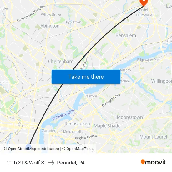 11th St & Wolf St to Penndel, PA map