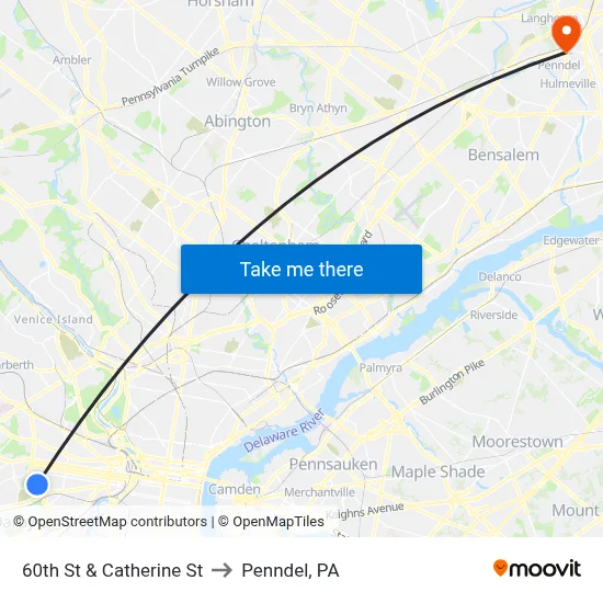 60th St & Catherine St to Penndel, PA map