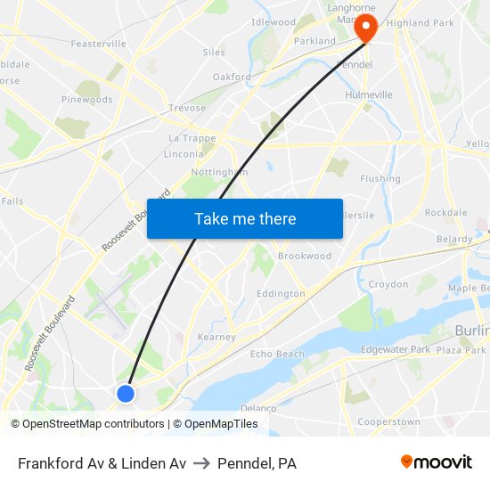 Frankford Av & Linden Av to Penndel, PA map