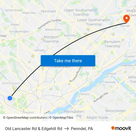 Old Lancaster Rd & Edgehill Rd to Penndel, PA map