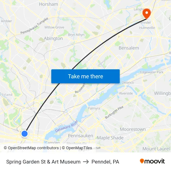 Spring Garden St & Art Museum to Penndel, PA map