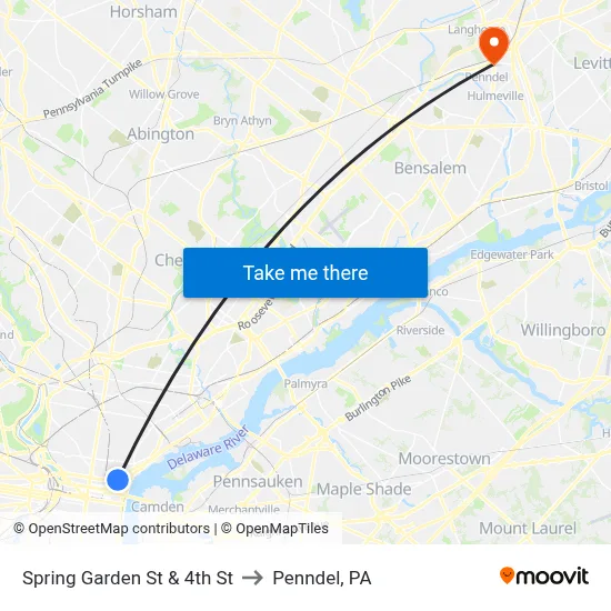 Spring Garden St & 4th St to Penndel, PA map