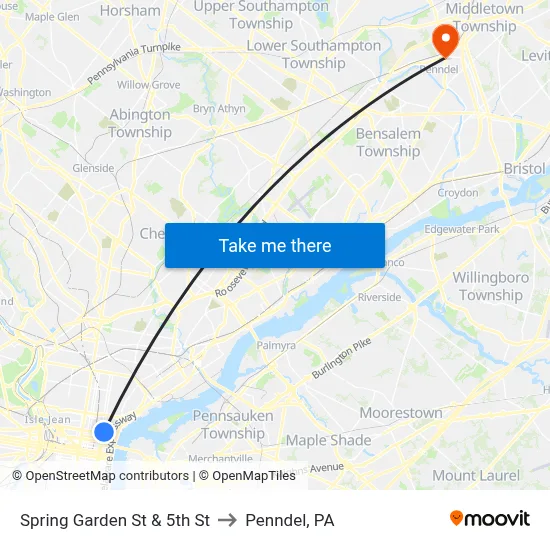 Spring Garden St & 5th St to Penndel, PA map